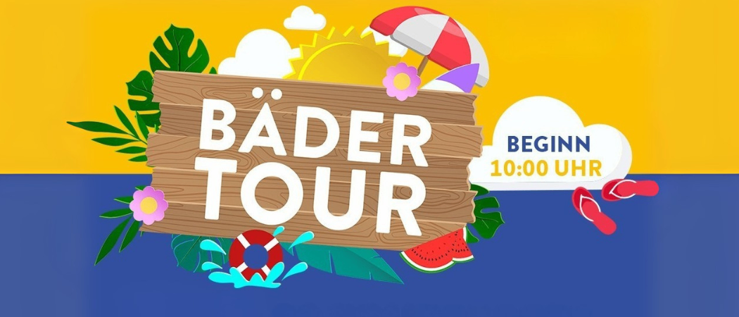 Ein Werbeplakat für die Bader Tour Veranstaltung. Es zeigt ein Holzschild mit 'Bader Tour', einem Strandschirm, Blumen und einer Sonne. Die Zeit ist 10:00 Uhr.