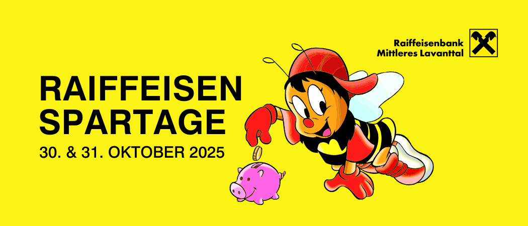 Eine Werbung für Raiffeisen Partage am 31. Oktober 2025 mit einer Cartoon-Biene, die eine Münze in eine Spardose einzahlt.