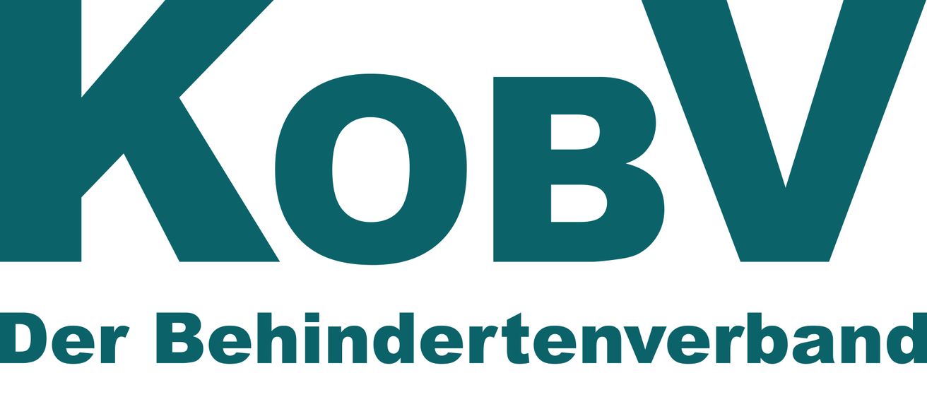 Logo für KOBV, einen Verband für Menschen mit Behinderungen, mit dem Slogan 'wir bewegen'. Das Design besteht aus fettgedruckten Buchstaben und einer dynamischen gelben Welle.