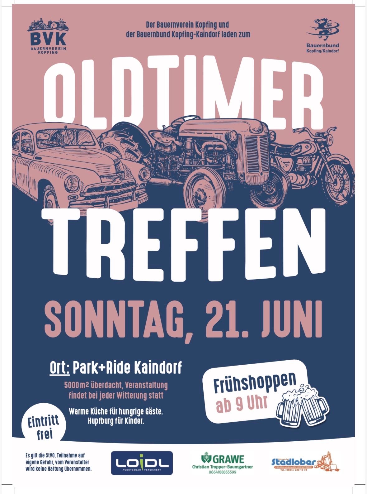 Poster for Oldtimer Treffen event, featuring a car, tractor, and motorcycle. Date: Sunday, June 21. Location: Park+Ride Kaindorf. Early shopping starts at 9 AM. Warm kitchens and a playground for children.