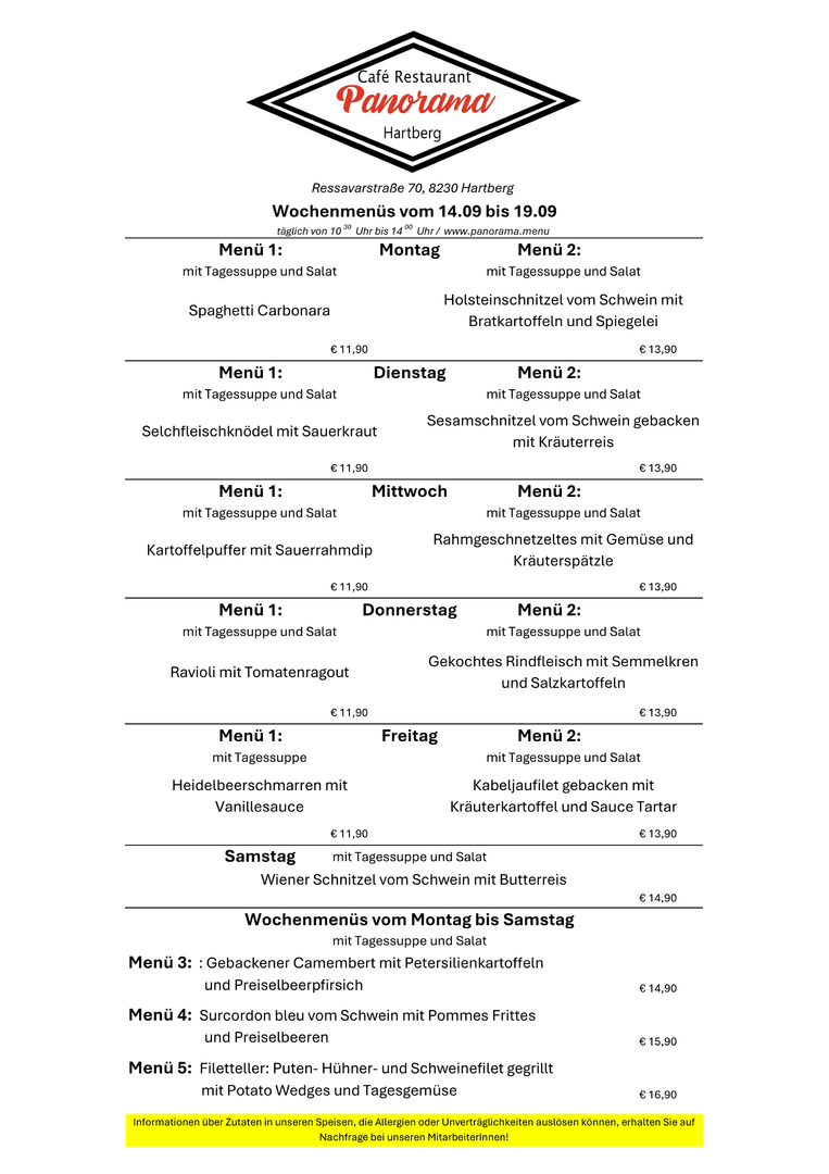 Weekly menu from Monday to Saturday, featuring various dishes with prices. Menu includes options like Holstein schnitzel, seared pork loin, and more. Each day offers a different main course with a salad. Prices range from 11.90 to 14.90 euros.
