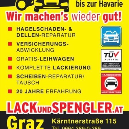 Eine Werbung für einen Autoreparaturservice in Graz, Österreich, der Dienstleistungen von Hagelschaden bis zur kompletten Lackierung anbietet, mit kostenlosen Mietwagen und 20 Jahren Erfahrung. Es enthält Kontaktinformationen und Zertifizierungen.