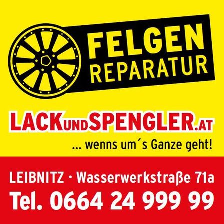 Werbung für 'Felgen Reparatur' mit einem Rad-Symbol, Kontaktdaten und einem Slogan auf Deutsch.