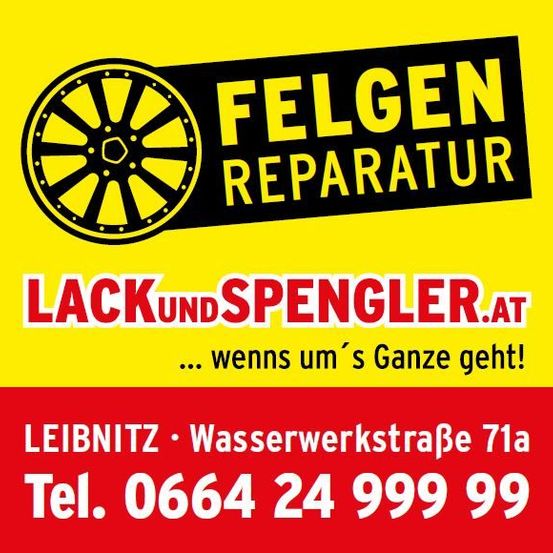Werbung für 'Felgen Reparatur' mit einem Rad-Symbol, Kontaktdaten und einem Slogan auf Deutsch.