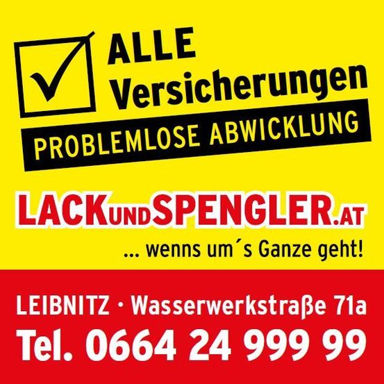 Eine gelbe und rote Werbung für Versicherungsdienstleistungen mit einem Häkchen und dem Text 'Alle Versicherungen Problemlose Abwicklung'. Sie enthält eine Website, Adresse und Telefonnummer.