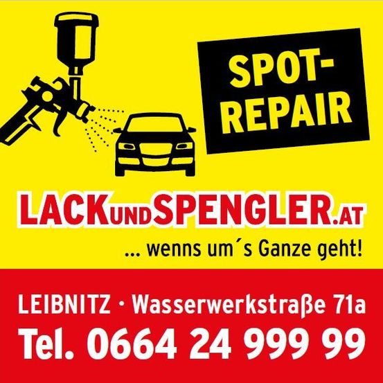 Eine gelbe und rote Werbung für einen Autoreparaturservice. Es zeigt eine Sprühpistole und ein Auto, mit den Texten 'SPOT-REPAIR' und 'LACKUNDSPENGLER.AT'. Die Kontaktdaten sind ebenfalls angegeben.