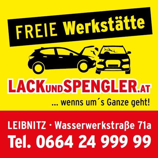 Werbung für einen Autoreparaturservice namens Lack und Spengler. Die Anzeige zeigt zwei Autos, eines mit beschädigter Front und das andere mit zerbrochener Windschutzscheibe. Der Text lautet 'Freie Werkstätten' und 'Lack und Spengler.at'. Unten sind die Adresse und Telefonnummer angegeben.