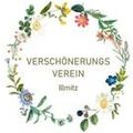Ein florales Kranzdesign mit 'Verschönerungs Verein' in fetter Schrift in der Mitte, umgeben von verschiedenen bunten Blumen und Blättern auf weißem Hintergrund.