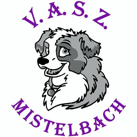 Das Logo zeigt einen lächelnden Hund mit dem Text V.A.S.Z. darüber und Mistelbach darunter. Der Hund ist grau und weiß mit violetten Akzenten.