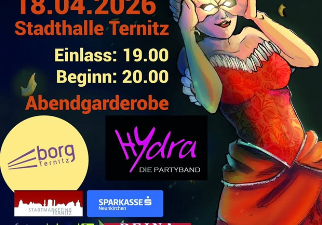 Plakat für eine Ballveranstaltung am 18.04.2026 in der Stadthalle Ternitz. Der Eintritt ist um 19:00 und die Veranstaltung beginnt um 20:00. Das Plakat zeigt eine Frau in einem roten Kleid und einer Maske.