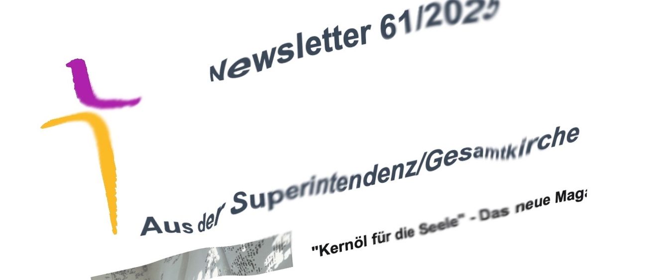 Eine weiße Seite mit blauem Text. Der Text lautet oben 'Newsletter 61/2025', gefolgt von 'Aus der Superintendentz/Gesamtki' und darunter eine kleinere Textzeile.
