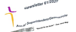 Eine weiße Seite mit blauem Text. Der Text lautet oben 'Newsletter 61/2025', gefolgt von 'Aus der Superintendentz/Gesamtki' und darunter eine kleinere Textzeile.