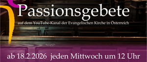 Kircheninneres mit Kirchenbänken, 'Passionsgebete' Text, YouTube-Kanal-Link und Datum 3.2.2026 auf einem lila Hintergrund.