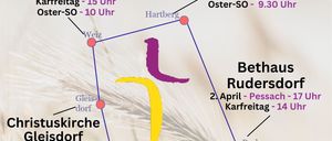 Eine Karte zeigt die Standorte der Kirchen und ihre Osterdienstzeiten. Beinhaltet Gustav Adolf Kirche Weiz, Jesus Christus Kirche Hartberg, Bethause Rudersdorf, Christuskirche Gleisdorf und Heilandskirche Furstenfeld. Zeiten variieren von 9:30 bis 18:00.