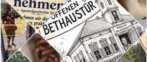 Eine Collage von Bildern zeigt eine Kirche, Würste, eine Gruppe älterer Menschen beim Essen und einen Mann mit einem Bier. Das Schild oben links sagt 'Geben ist glücklicher als Nehmen'.