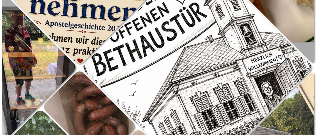 Eine Collage von Bildern zeigt eine Kirche, Würste, eine Gruppe älterer Menschen beim Essen und einen Mann mit einem Bier. Das Schild oben links sagt 'Geben ist glücklicher als Nehmen'.