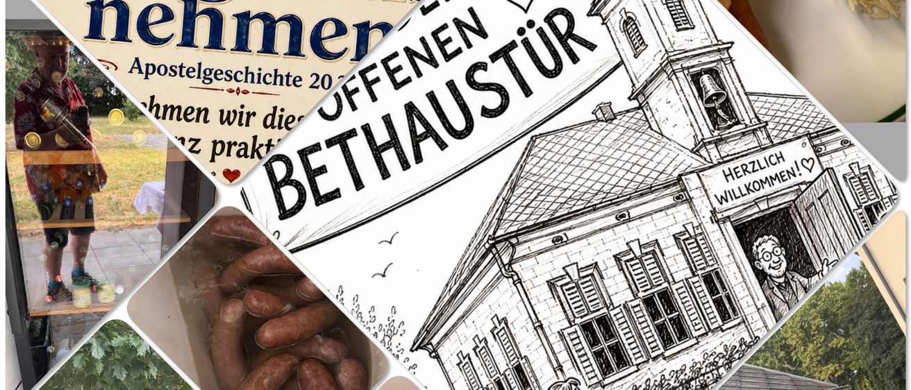 Eine Collage von Bildern zeigt eine Kirche, Würste, eine Gruppe älterer Menschen beim Essen und einen Mann mit einem Bier. Das Schild oben links sagt 'Geben ist glücklicher als Nehmen'.