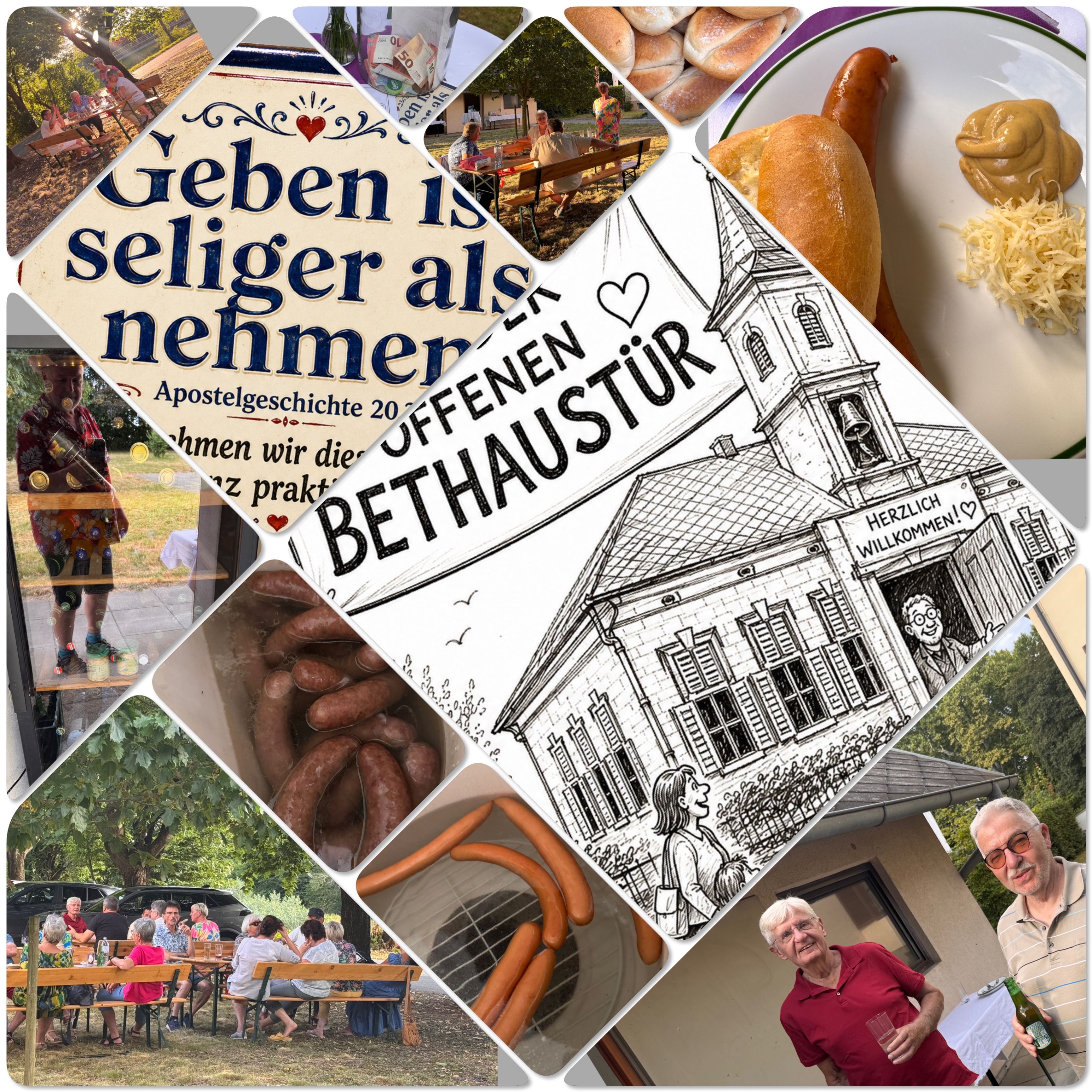 Eine Collage mit verschiedenen Bildern: eine Kirche, Würste, ein Paar, das an einem Tisch sitzt, eine Wurst auf einem Teller mit Senf und ein Schild, das 'Geben is Seliger als Nehmen' besagt.