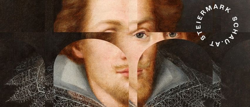 Ein Porträt eines Mannes mit roten Haaren und Bart, der einen Spitzenkragen und ein rotes Gewand trägt. Das Bild ist in Abschnitte geteilt und das Wort 'STEIERMARK' steht oben.