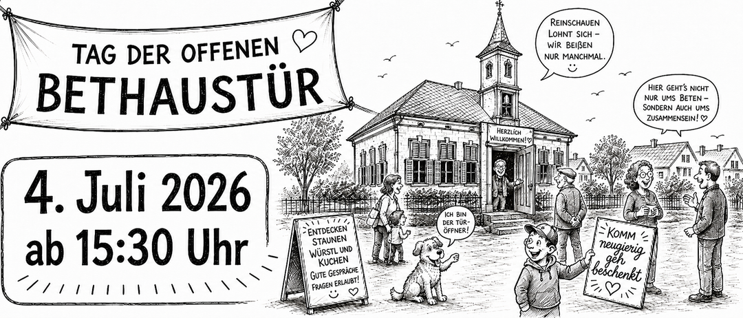 Eine Schwarz-Weiß-Zeichnung einer Dorfszene. Ein Schild mit Text darauf. Ein Gebäude mit Glockenturm. Ein Mann steht am Eingang mit einem Willkommensschild. Eine Frau und ein Kind gehen auf der Straße. Ein Hund sitzt auf dem Boden.