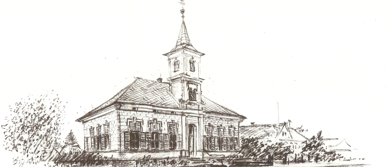 Eine Skizze einer alten Kirche mit einem spitzen Turm, einer Glocke und mehreren Fenstern. Das Gebäude hat ein Dach mit einem Kreuz oben und einen Zaun davor.