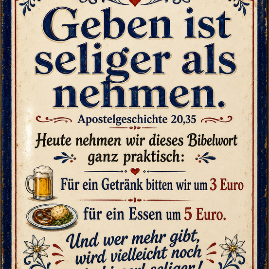 Ein altmodisches Schild mit der Aufschrift 'Geben ist seliger als nehmen.' Ein Bierkrug und eine Brezel kosten 3 und 5 Euro. Die Bibelstelle ist 'Apostelgeschichte 20:35'.
