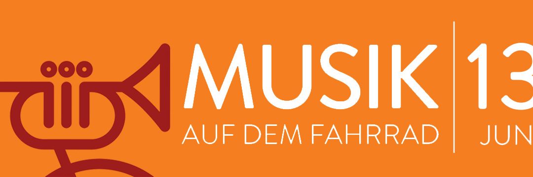 Das Bild zeigt das Logo für 'Musik auf dem Fahrrad'. Es enthält ein stilisiertes Fahrrad und den Satz 'Musik auf dem Fahrrad' in fetten weißen Buchstaben auf orangem Hintergrund.