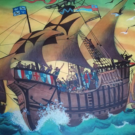 Bild enthält, Art, Painting, Modern Art, Bird, Penguin, Person, Boat, Sailboat, Mural, Head