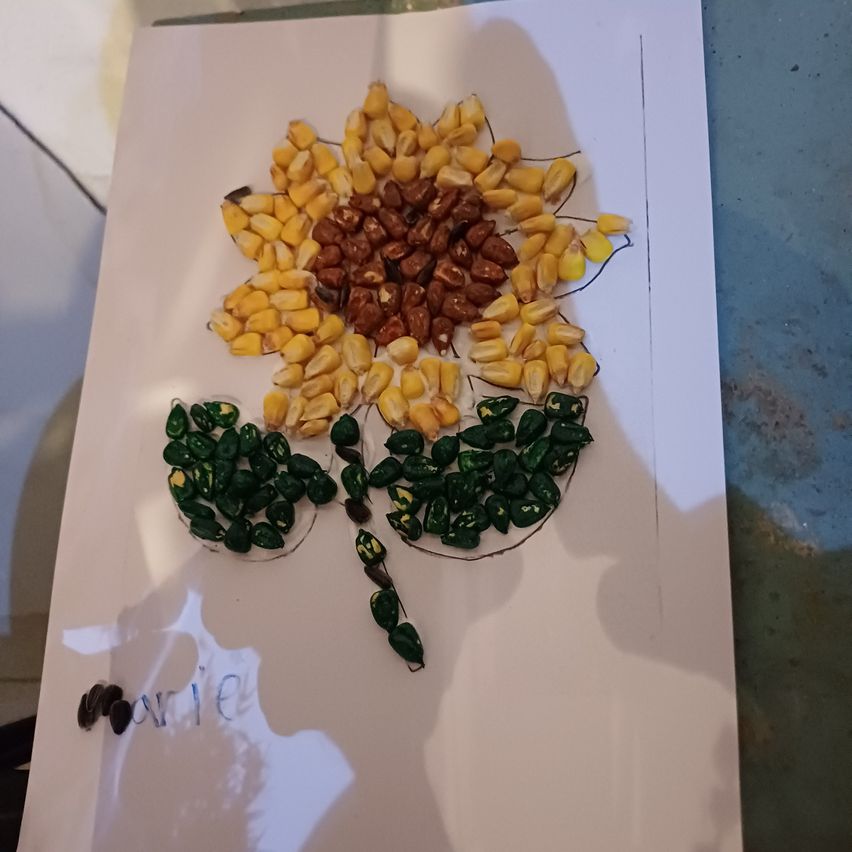 Eine Sonnenblume aus gelben und braunen Samen und grünen Blättern auf einer weißen Oberfläche mit 'marie' schwarz darunter geschrieben.