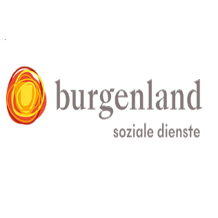 Das Logo von Burgenland mit einem kreisförmigen Design, das orange und gelb links zeigt, gefolgt von dem Wort 'Burgenland' in fetten schwarzen Buchstaben und 'soziale dienste' in kleineren schwarzen Buchstaben.