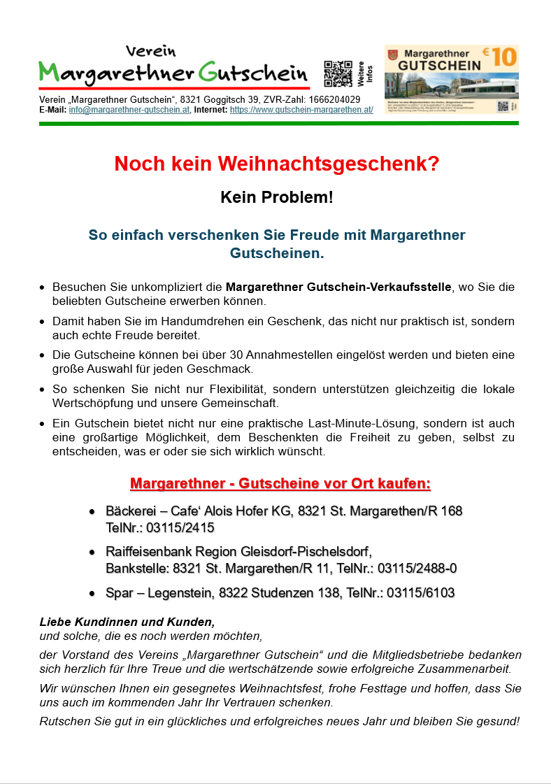 Das Bild zeigt einen Flyer, der Margarethner-Geschenkgutscheine bewirbt. Es betont, dass kein Weihnachtsgeschenk benötigt wird, und hebt Flexibilität und Unterstützung lokaler Unternehmen hervor. Gutscheine können an über 30 Standorten eingelöst werden und bieten eine große Auswahl. Der Flyer erwähnt auch, dass Gutscheine eine praktische Last-Minute-Lösung darstellen und dem Beschenkten die Freiheit geben, selbst zu entscheiden, was er oder sie sich wirklich wünscht.