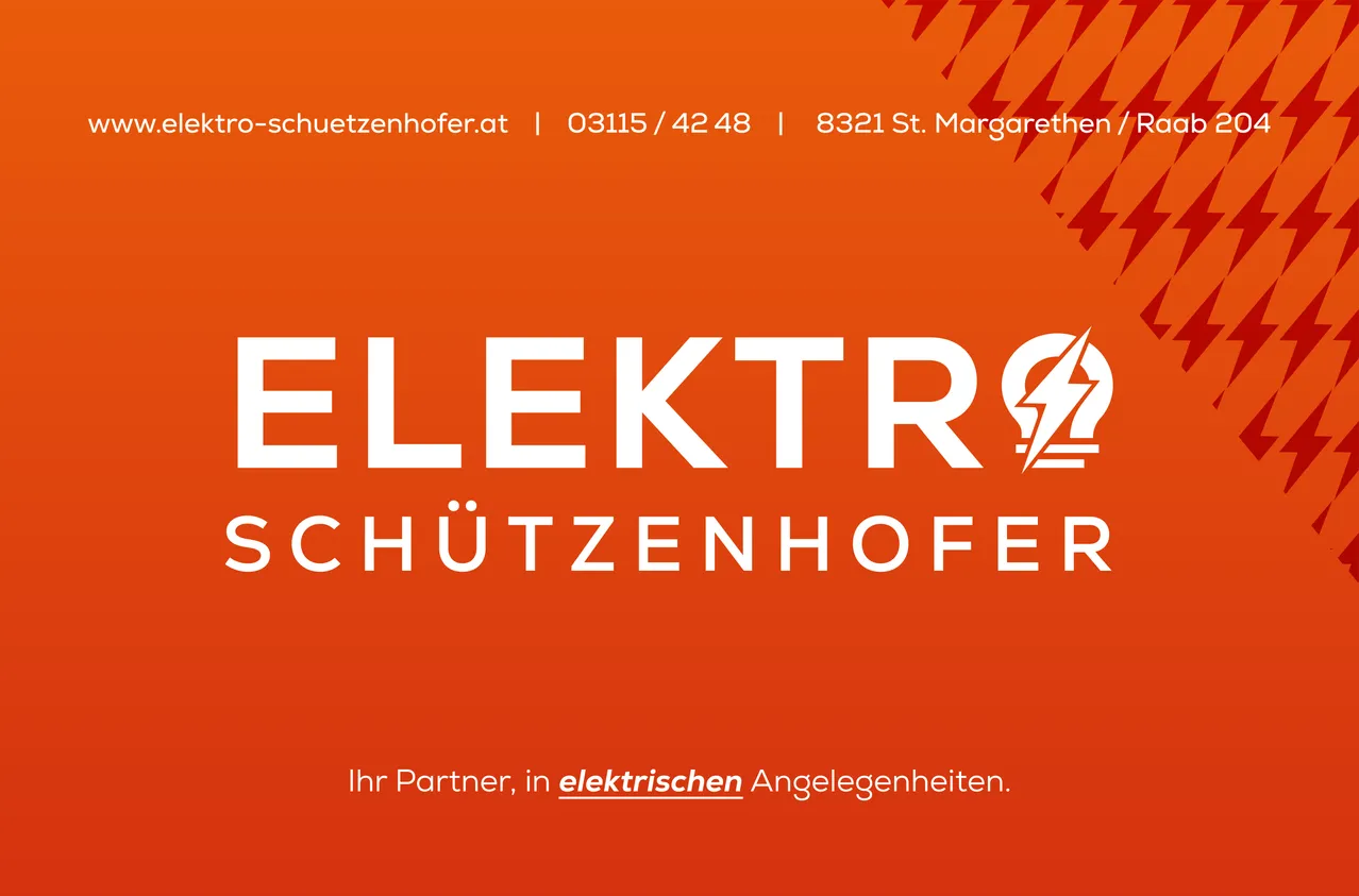Ein orangefarbener Hintergrund mit weißem Text, der 'ELEKTRO SCHÜTZENHOFER' lautet. Darunter ein Blitzsymbol und der Text 'Ihr Partner, in elektrischen Angelegenheiten.'