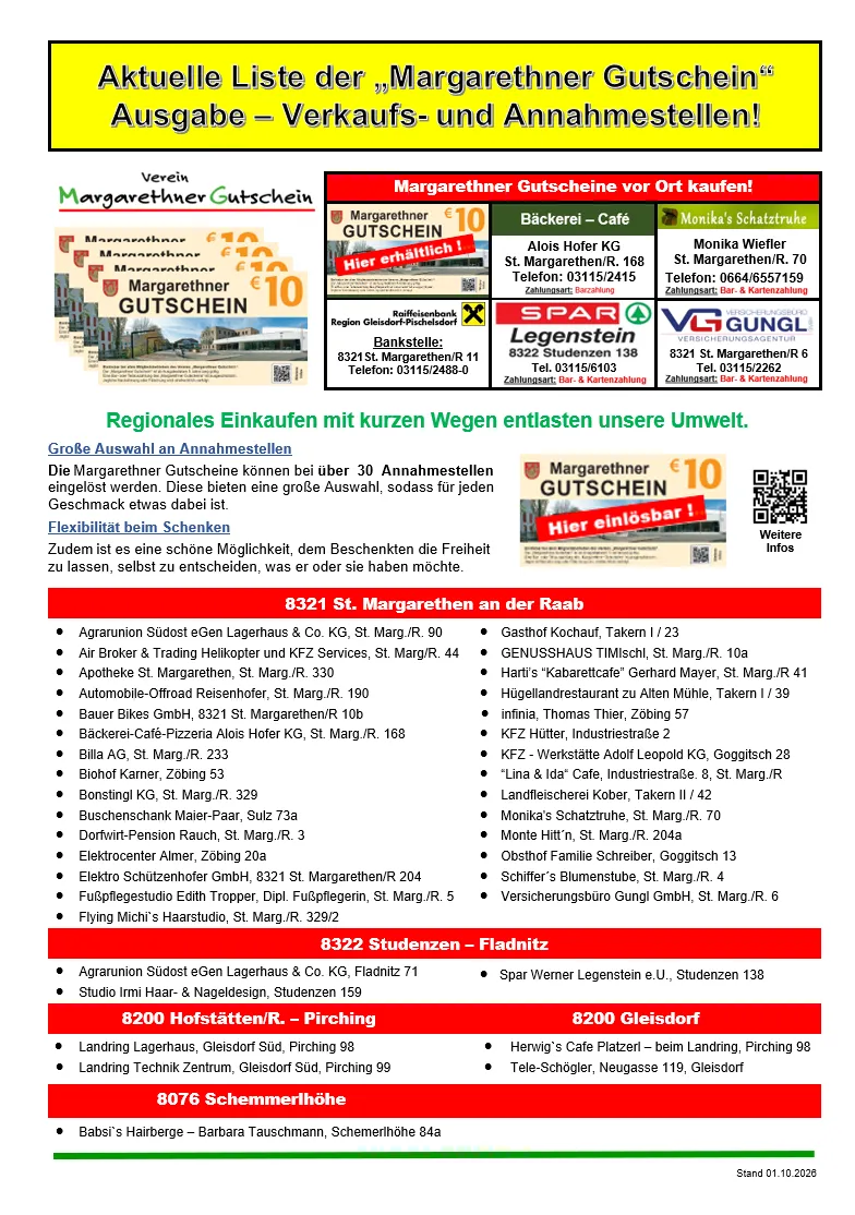 Ein Dokument mit dem Titel 'Aktuelle Liste der Margarethener Gutschein Ausgabe - Verkaufs- und Annahmestellen!' Es listet verschiedene Unternehmen und deren Adressen in Margarethen, Österreich, zusammen mit den Margarethener Gutschein-Gutscheinen, die sie akzeptieren.