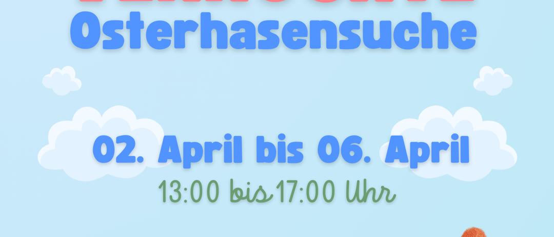 Werbeposter für eine Ostereiersuche-Veranstaltung 2020. Termine sind vom 2. April bis 6. April. Zeit ist von 13:00 bis 17:00 Uhr. Beginnt am Vranitzky Baum Chrenschachen. Endet bei HMB Smart Electronic. Osterhasen und Eier sind abgebildet.