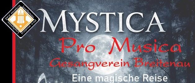 Plakat für eine musikalische Veranstaltung von Mystica Pro Musica, mit einem Chor in einer mystischen Waldkulisse mit Vollmond, geplant für den 3. Oktober 2026 um 19:00 Uhr in Breitenau.
