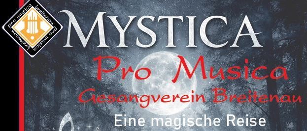 Plakat für Mystica Pro Musica Chor-Veranstaltung am 3. Oktober 2026 mit Mondscheinwaldszene, musikalischen Noten und einer Gruppe von Menschen.