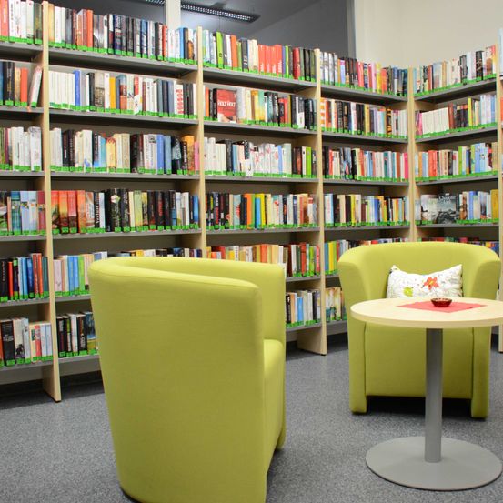 Bild enthält, Book, Indoors, Library, Publication, Furniture, Couch, Chair, Desk, Bookcase, Person