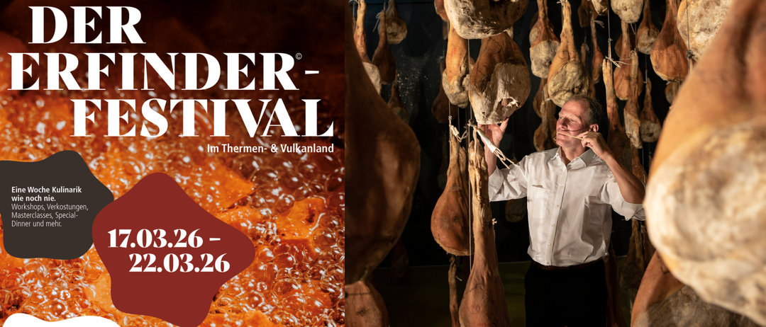 Ein Plakat für ein Festival mit einem Mann, der ein Stück gereiftes Fleisch hält. Gezeigtes Datum ist 26-03-26.