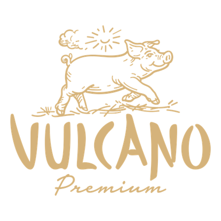 Das Logo für 'Vulcano Premium' zeigt einen stilisierten Schwein unter einer Sonne auf schwarzem Hintergrund.