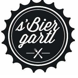 Ein schwarzes kreisförmiges Logo mit dem Text 's'Bier gartl' und einem gekreuzten Messer und Gabel darunter. Das Design ist schlicht und elegant, möglicherweise repräsentiert es eine Biergarten oder ein Restaurant.