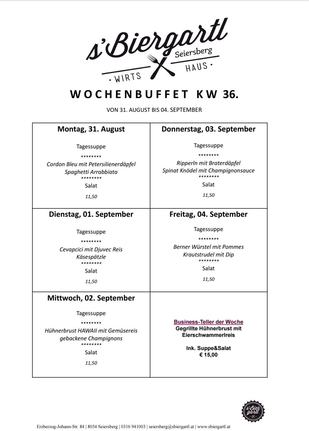 Weekly buffet menu for the week of August 31 to September 4, featuring daily meal options and prices. Meals include Cordon Bleu with parsley sauce, spinach gnocchi with mushroom sauce, and more.