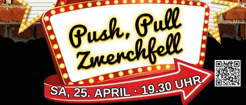 A poster featuring a man smiling and flexing his muscles with a comedy event sign. The event is by Bruno Breit, on April 25th at 7:30 PM. The location is Veranstaltungszentrum Wartberg/Aist.