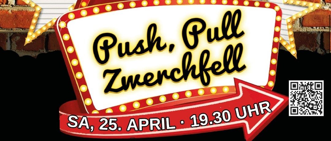 Ein Poster zeigt einen lächelnden Mann, der seine Muskeln spielen lässt, mit einem Schild für eine Comedy-Veranstaltung. Die Veranstaltung ist von Bruno Breit, am 25. April um 19:30 Uhr. Der Ort ist das Veranstaltungszentrum Wartberg/Aist.