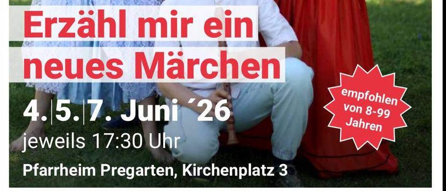 Drei Kinder in Kostümen posieren auf einem Rasenfeld mit einem Mann, der einen Holzstab hält. Das Bild enthält den Satz 'Erzähl mir ein neues Märchen' und Daten für Veranstaltungen.