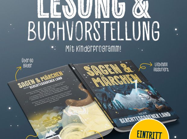 Ein Buchcover für 'Sagen & Marchen' auf einem blauen Hintergrund. Der Cover zeigt eine Illustration einer verschneiten Landschaft. Unten am Buch steht 'Eintritt Frei!' in Gelb geschrieben.