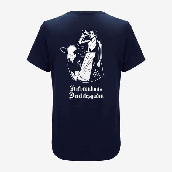 Ein marineblaues Shirt mit einer Kuh und einer Frau, die aus einem Becher trinkt, mit den Worten 'Nofrbrauhaus Berchtesgaden' am unteren Rand.