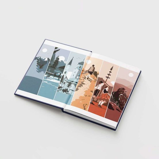 Ein offenes Buch zeigt eine Folge von Illustrationen, die verschiedene Landschaften und Aktivitäten darstellen. Jedes Panel zeigt verschiedene Szenen wie Berge, eine Burg und Menschen, die an Aktivitäten wie Spazieren und Tanzen beteiligt sind.