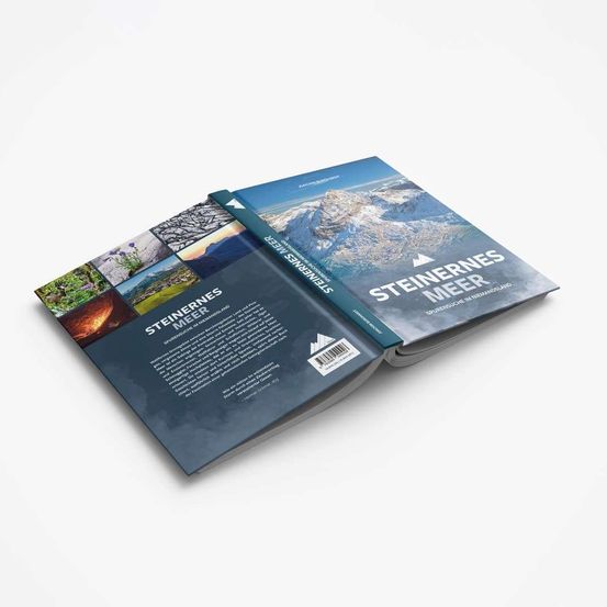 Ein offenes Buch mit dem Titel 'Steinernes Meer' mit Berglandschaft auf dem Cover. Es zeigt eine Collage aus Bildern von Bergen, Pflanzen und Felsen. Das Buch ist geöffnet und zeigt die ersten paar Seiten.