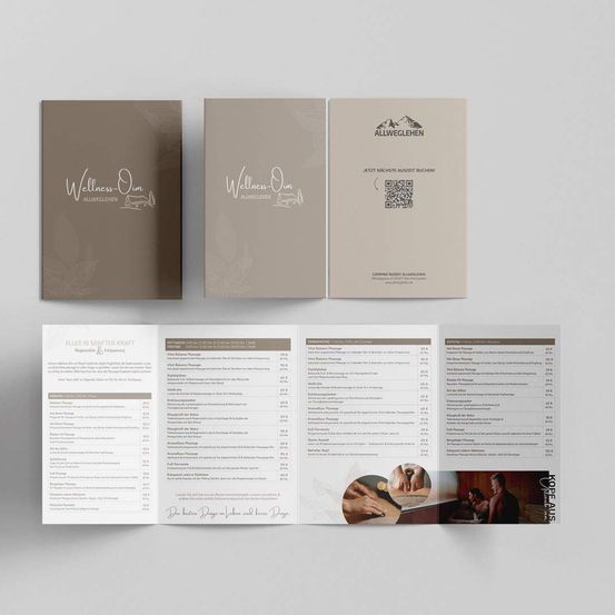Ein Wellness-Prospekt für Allweglehen mit Bildern von Menschen und QR-Code. Enthält Details zu Massagen und Behandlungen.