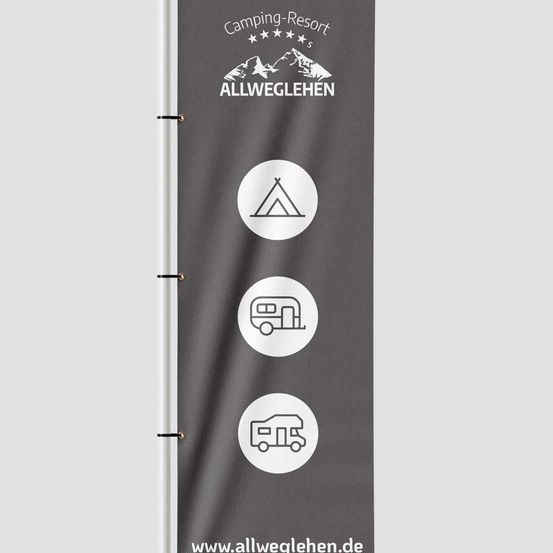 Ein grauer Banner mit dem Text 'Camping-Resort ALLWEGLEHEN'. Drei Symbole repräsentieren ein Zelt, einen Wohnwagen und einen Wohnmobil. Die Website-URL ist www.allweglehen.de.